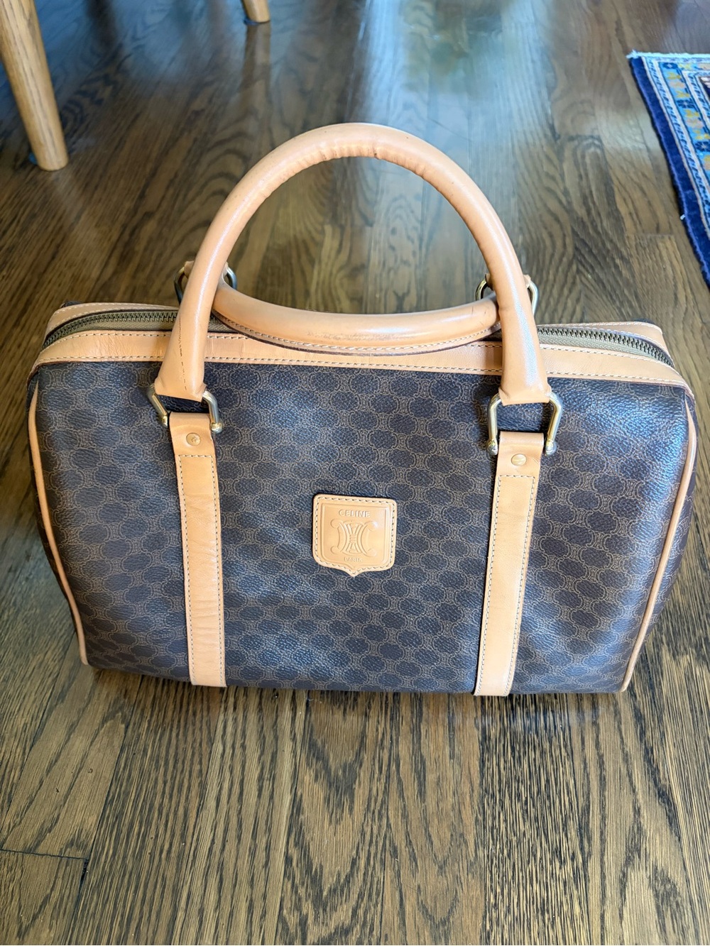 Authentic Celine Brown Monogram Canvas and Tan Leather Bowling Bag handbag
